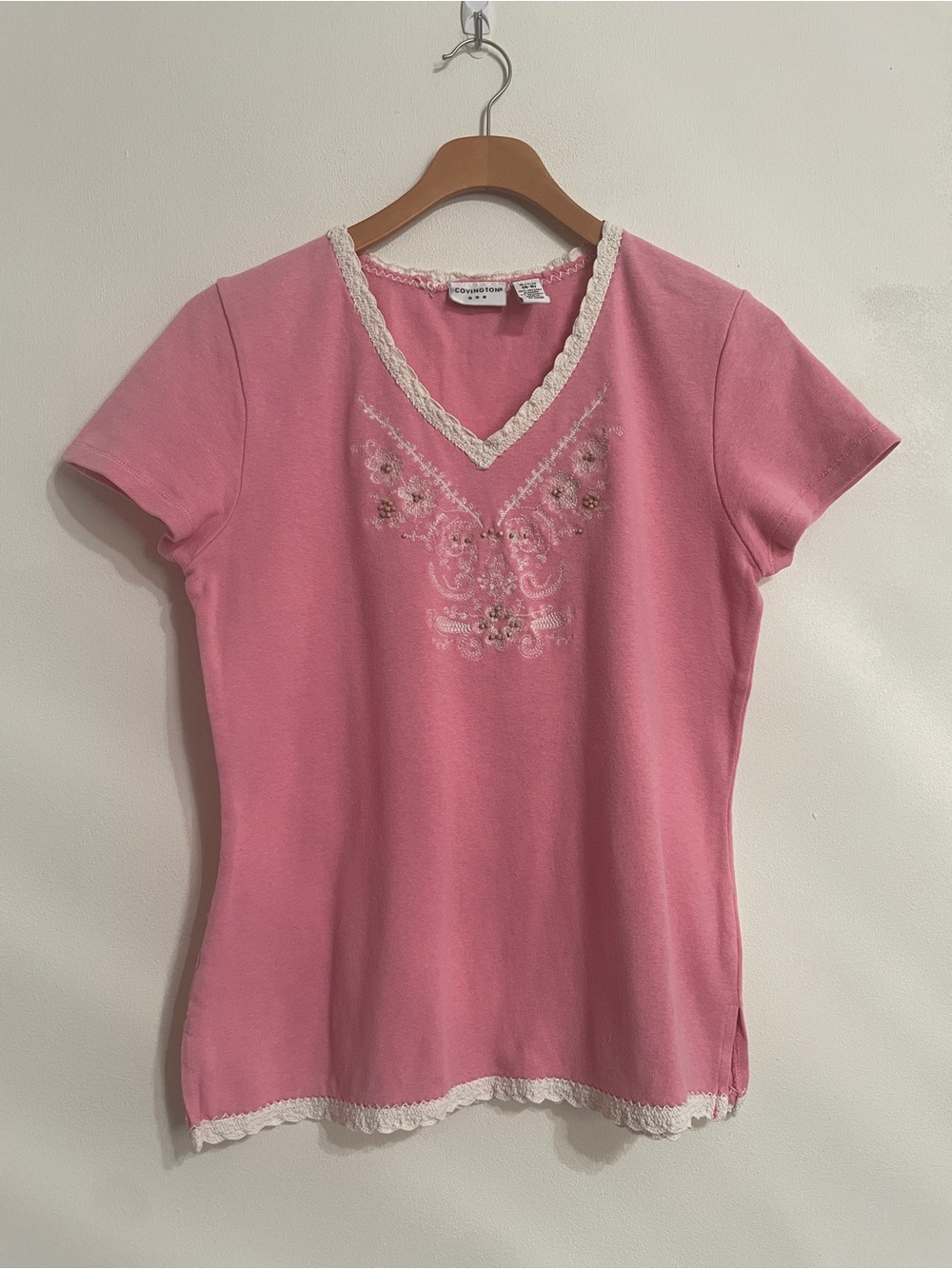 Covington Pink V-Neck Short Sleeve Tee with Lace Trim and Embroidery